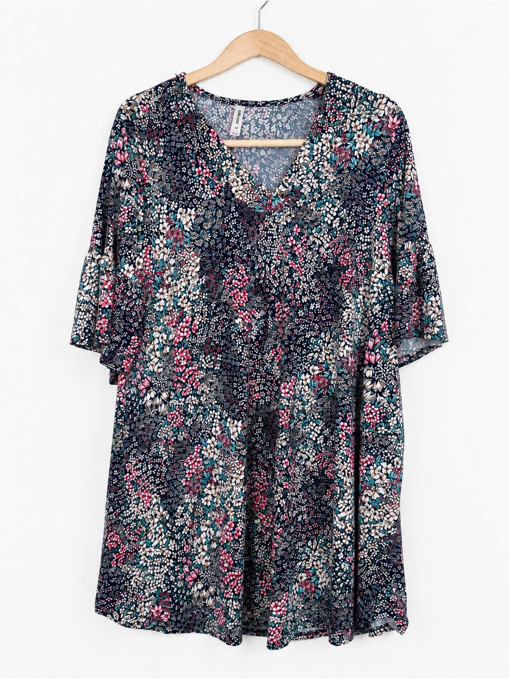 Emerald Navy Floral Swing Dress Size M Bell Sleeve V Neck Pockets